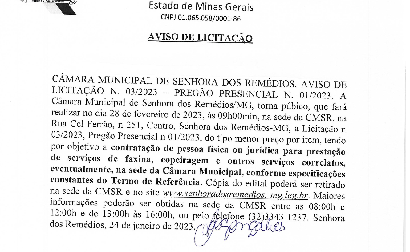 Aviso de Licitação- Edital de Licitação- Pregão Presencial 001.2023– Processo Licitatório Nº 003.2023- Contratação de pessoa física ou jurídica para estas, eventualmente, mediante solicitação da Contratante, prestação de serviços de faxina, copeiragem ...