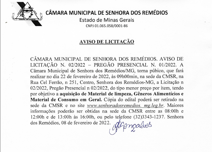 Aviso de Licitação- Edital de Licitação- Pregão Presencial 001.2022– Processo Licitatório Nº 002/2022- Aquisição de Material de Limpeza, Gêneros Alimentícios e Material de Consumo em Geral, conforme especificações e quantidades constantes do Termo de Ref.