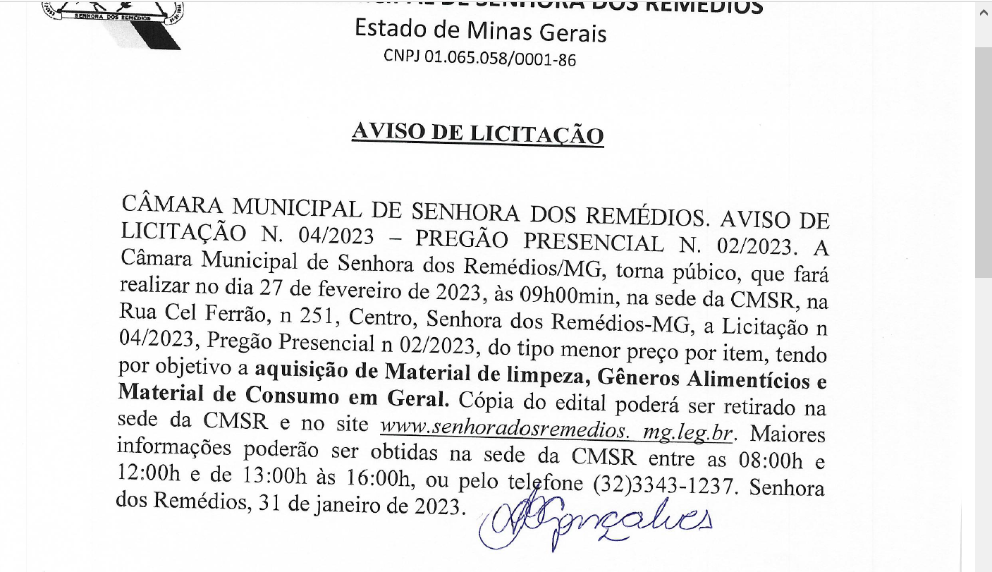 Aviso de Licitação- Edital de Licitação- Pregão Presencial 002.2023– Processo Licitatório Nº 004.2023- Aquisição de Material de Limpeza, Gêneros Alimentícios e Material de Consumo em Geral, conforme especificações e quantidades constantes do Termo de Ref.