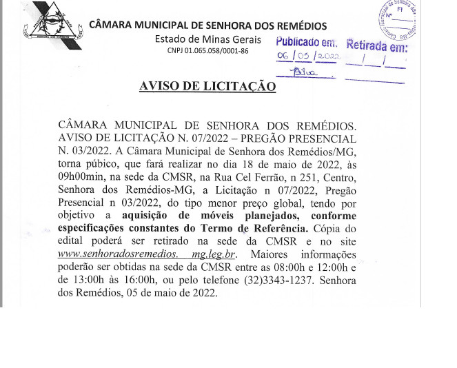 Aviso de Licitação- Edital de Licitação- Pregão Presencial 003.2022– Processo Licitatório Nº 007/2022- A aquisição de móveis planejados, conforme especificações constantes do Termo de Referência.