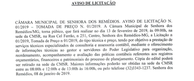 Aviso de Licitação Nº 001.2019- Tomada de preços 001.2019