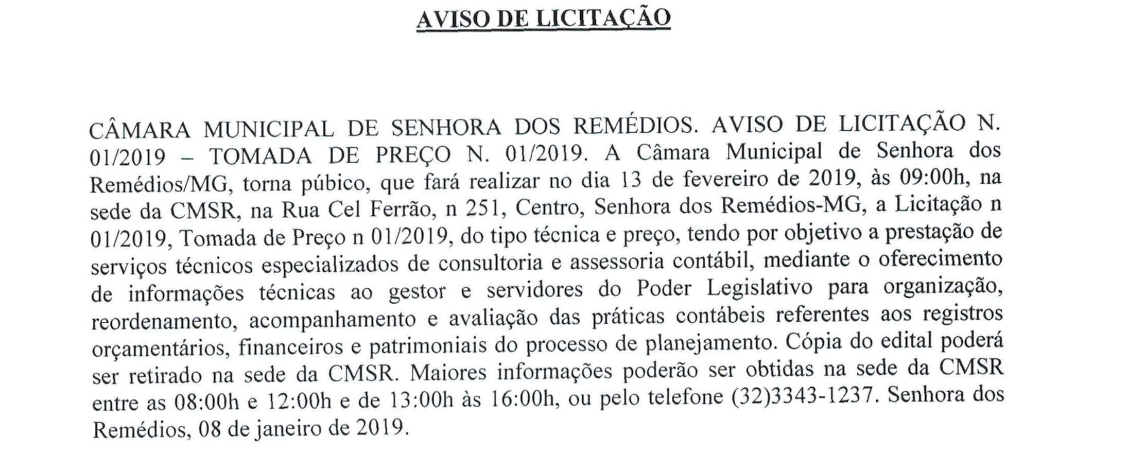 Aviso de Licitação Nº 001.2019- Tomada de Preços Nº 001.2019