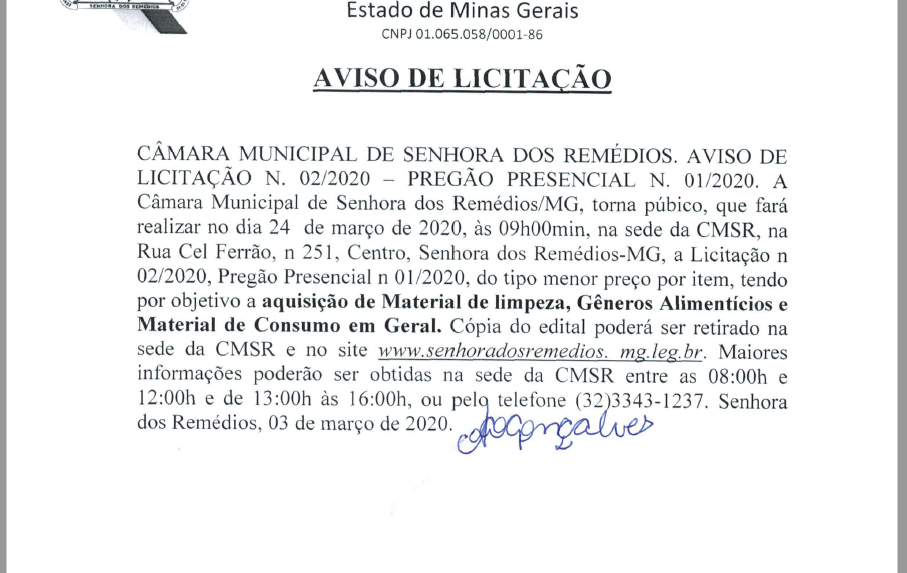 Aviso de Licitação Nº 002.2020- Pregão Presencial Nº 001.2020- "Dispõe sobre a aquisição de material de limpeza, gêneros alimentícios e material de consumo em geral."