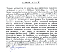 Aviso de Licitação Nº 006.2019- Pregão Presencial Nº 004.2019- do tipo menor preço por item- "Contratação de pessoa jurídica para a prestação de serviços de transportes, incluindo veículos e motoristas (transporte fretado), devidamente habilitados, ..."