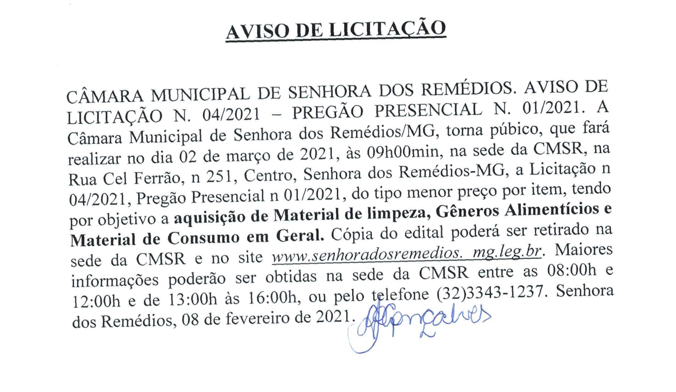 Aviso de Licitação- Pregão Presencial 001.2021– Processo Licitatório Nº 004/2021