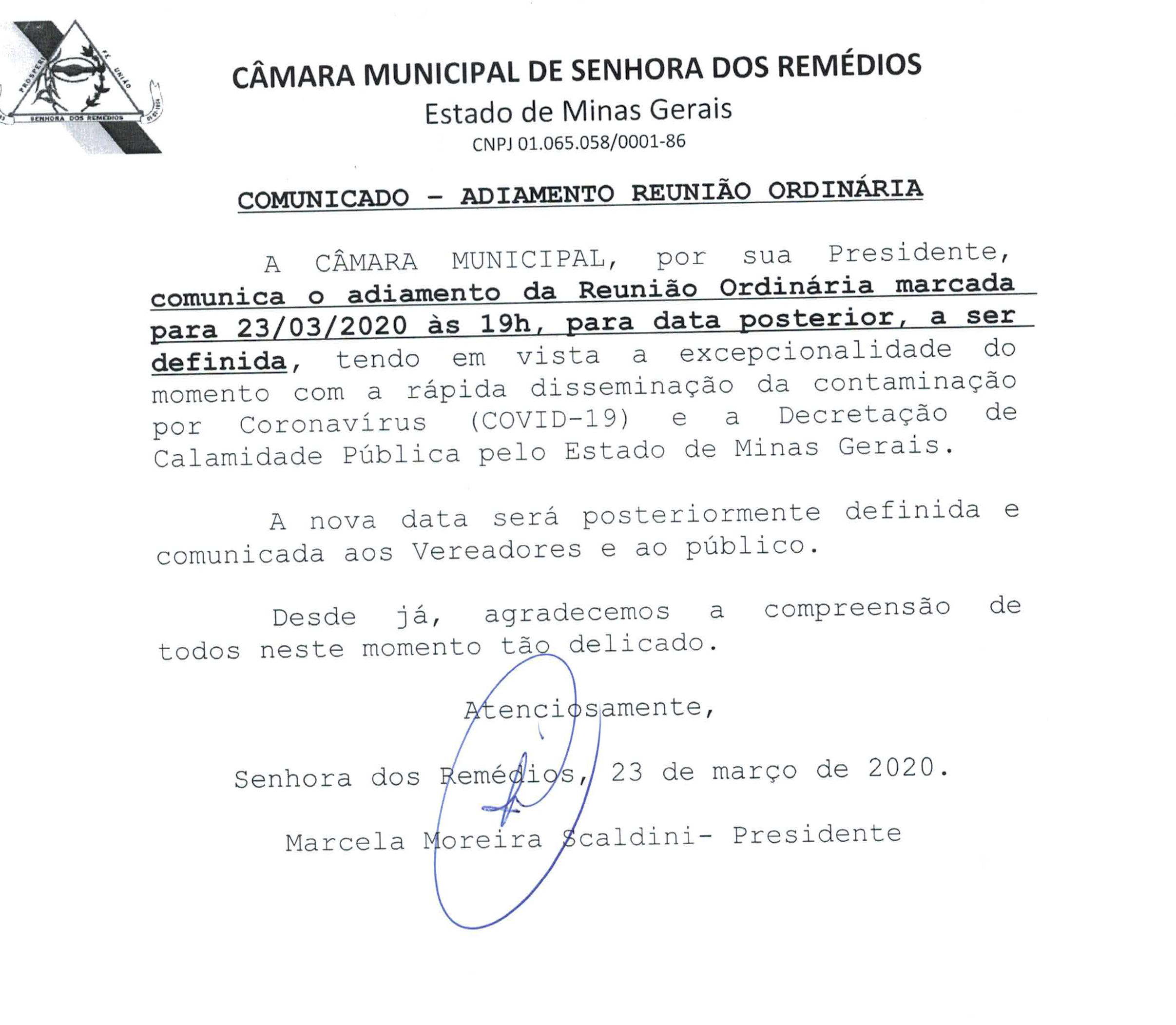 Comunicado Importante- ADITAMENTO DE REUNIÃO ORDINÁRIA (23.03.2020)